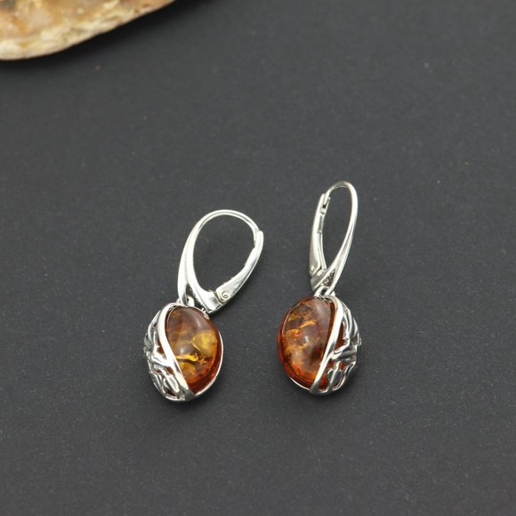 Sterling silver earrings with natural Baltic amber, amber drop earrings, dangle - Picture 13 of 14